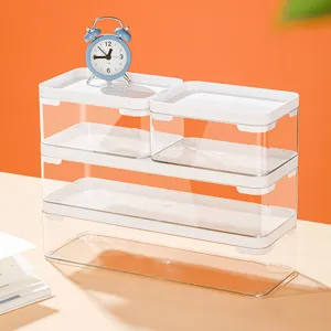 Stapelbare transparente rechteckige Aufbewahrungsboxen mit weißen Deckeln für Schreibtisch