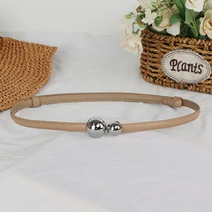 Women skinny pu leather belt with metal double round ball buckle stylish dress waist chain