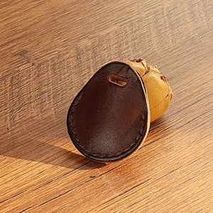 Handmade leather teardrop access card holder key fob protective case brown miniature item