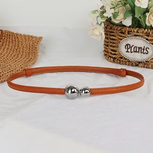 Women thin brown leather belt with silver spherical double buckle dress sweater waist chain
