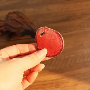 Handmade genuine leather access card holder key ring cover, compact red pocket protective case.