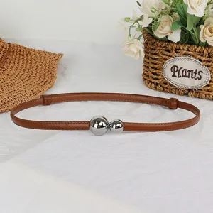 Women's thin brown leather belt with silver double ball buckle for dresses and sweaters.