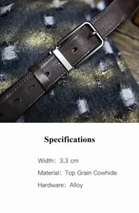 Handmade genuine top-layer cowhide leather belt for men with durable metal pin buckle 3.3cm width.