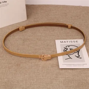 Women thin genuine leather belt with metal interlocking buckle elegant minimalist waist accessory