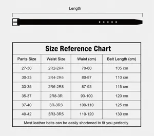 Detailed size chart reference guide and waist measurement instructions for leather belt.