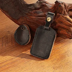Handmade leather badge holder and key cover set, genuine cowhide access card sleeve.