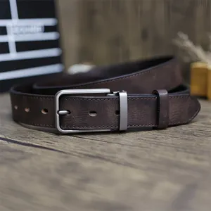Handmade genuine top-layer cowhide belt for men, vintage distressed pin buckle leather strap.