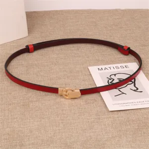 Detailed shot of a red leather thin belt with gold buckle, showcased on a textured fabric backdrop.