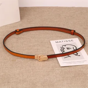 Women slim genuine leather belt with trendy metal buckle, adjustable fashion waist accessory.