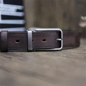 Vintage genuine leather belt for men with classic metal pin buckle and durable craftsmanship.