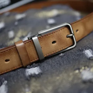 Vintage genuine leather belt for men featuring classic metal pin buckle, distressed style.