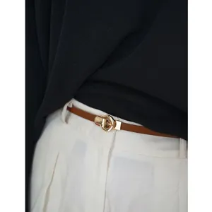Women Genuine Leather Slim Waist Belt Fashion Metal Double Ring Buckle Casual Dress Waistband Accessory