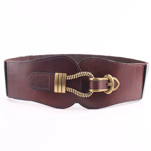 Elegante cinturon ancho de cuero para mujer estilo vintage hebilla metalica marron