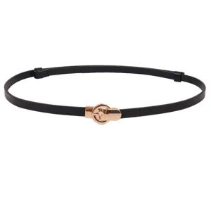 Women's thin leather belt with stylish interlocking metal buckle, versatile dress accessory.
