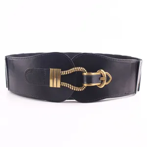 Cinturón de cintura ancho negro para mujer corsé elástico con hebilla de metal vintage.