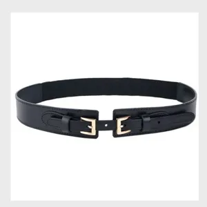 Elegante zwarte brede elastische lederen riem met dubbele gouden gespen voor jurken.
