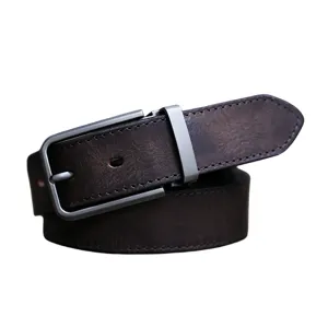 Vintage genuine leather belt for men with antique metal pin buckle and distressed finish.