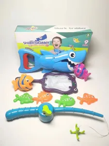 Kids bath shark grabber toy set with fishing rod, net and colorful fish for water play.