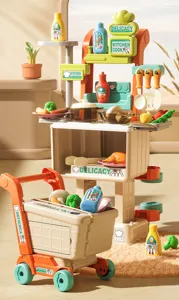 Kids 2-in-1 shopping cart kitchen play set with cooking accessories, pots, and play food.