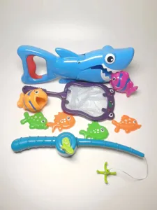 Details of the cute shark grabber bath toy set with fishing rod and colorful fish for kids water fun.