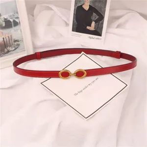 Cinturón fino de cuero rojo para mujer con hebilla metálica dorada estilo minimalista