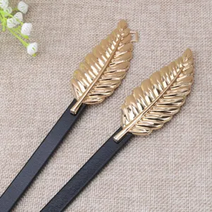 Women thin leather belt with gold leaf buckle stylish dress waist accessory elegant black strap