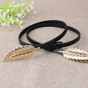 Elegant thin black leather belt with gold leaf metal buckle for women dress fashion chic