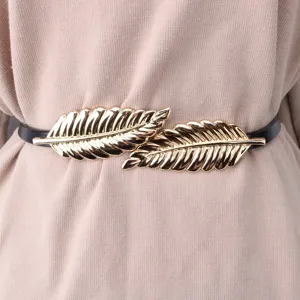 Women thin dress belt with gold leaf metal buckle elegant fashion waist accessory for sweater