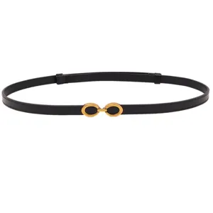 Cinturón fino de piel negra para mujer con hebilla metálica dorada elegante para vestido y abrigo