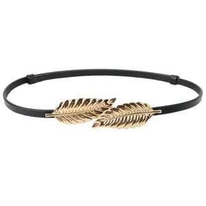 Women thin leather belt with stylish gold leaf metal buckle minimalist dress accessory black