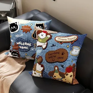 Cute cartoon denim throw pillow plush printed cushion for living room sofa and bed