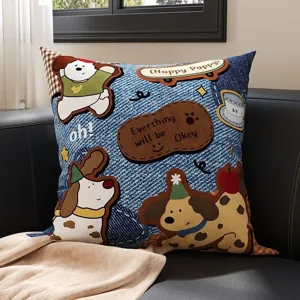 Detailed view of the cute cartoon dog print short plush throw pillow on the sofa.