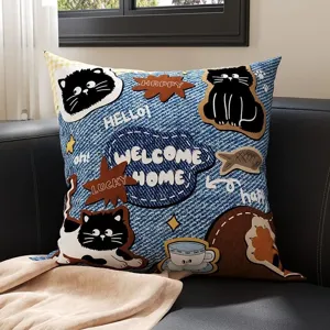 Close-up of a cute cat printed throw pillow with denim texture and lovely English text.