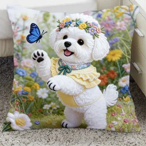Cute Bichon Frise throw pillow with floral print, soft square sofa cushion for home living room decor.