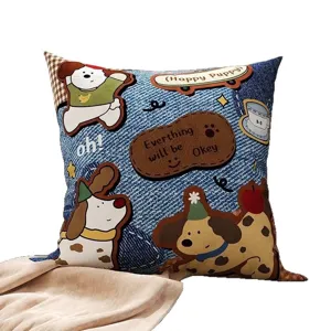 Cute cartoon throw pillow with plush fabric and denim style print for sofa bedroom bed.
