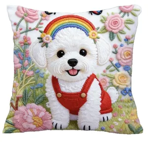 Cute Bichon Frise throw pillow with rainbow floral embroidery design for sofa living room decor