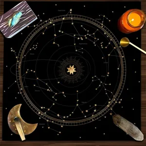 Vista detallada de mantel de tarot negro con constelaciones doradas y accesorios de altar místicos.