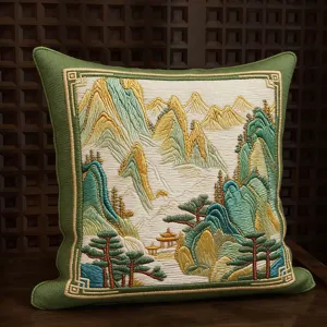 Chinese landscape embroidery throw pillow for living room sofa, square decorative cushion.