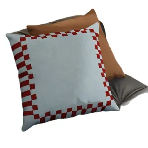 Coussin decoratif bleu avec bordure geometrique retro, coussin elegant pour canape salon.