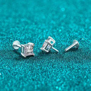S925 sterling silver square moissanite stud earrings with screw back flat post design.