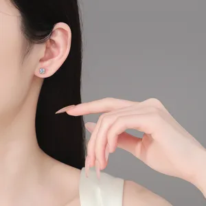 Elegant square S925 sterling silver moissanite stud earrings worn by a model