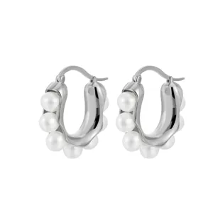 Eleganti orecchini a cerchio a U in argento stile francese con perle bianche