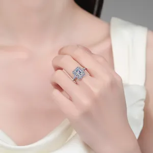Elegant S925 sterling silver emerald cut moissanite halo ring for women worn by a model