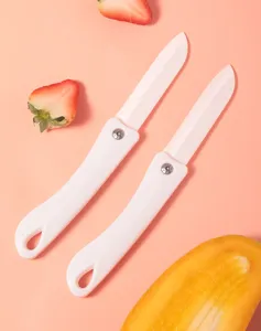 Vue détaillée de deux couteaux d'office pliables en céramique blanche avec fruits frais