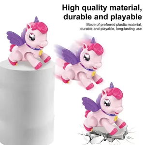 Electric walking unicorn toy with music and flashing lights, cute pink design for kids.