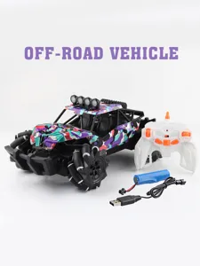 RC stunt car details, 2.4G four-wheel drive off-road vehicle toy with battery and remote.