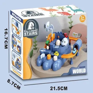 Dinosaur climbing stairs track toy detail view, colorful car parking adventure playset packaging.