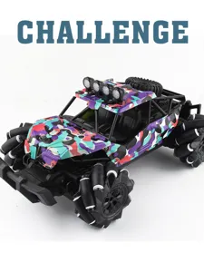Detail display of 4WD RC stunt car with camo body and drift wheels for kids toys.