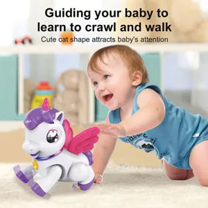 Baby crawling scene featuring an interactive electric unicorn toy with music and lighting effects.