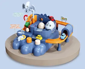 Children dinosaur track car adventure toy set with colorful cars and manual rotating gears.